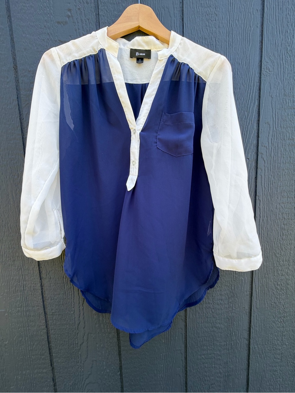 Bwear Navy and White Split-Neck Sheer Sleeve Blouse
